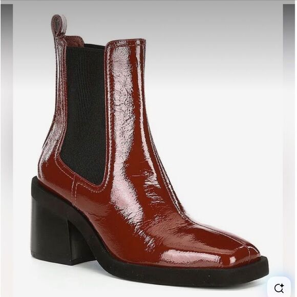 Gianni Bini Brown Booties Banks Crinkle Patent Square Toe Sz 7.5 NEW Double Gore - Picture 1 of 9